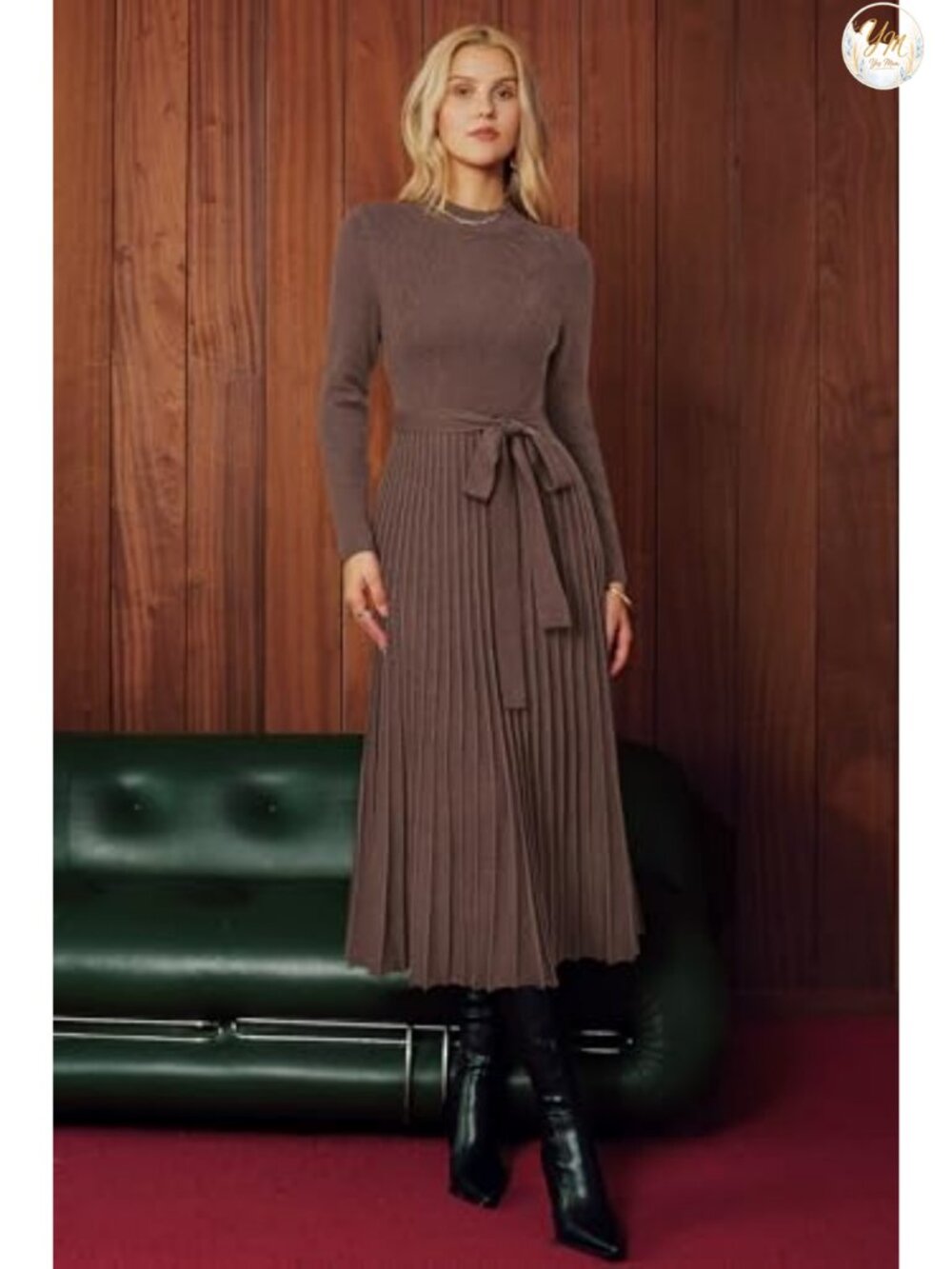 Wool Blend Mock Neck Pleated Sweater Dress Long Sleeve Business Casual - Picture 5 of 6